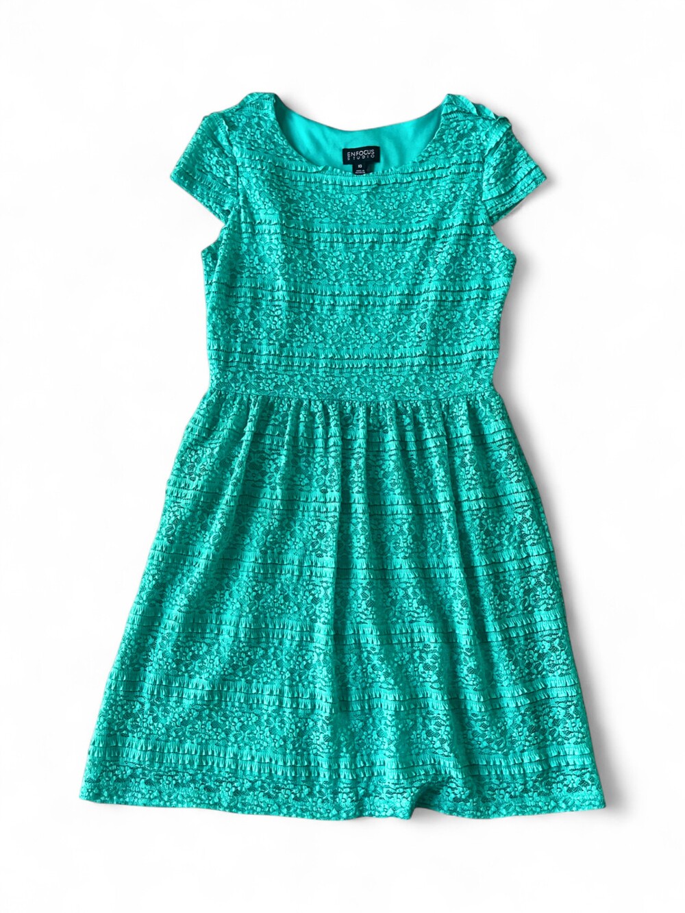 Enfocus Studio Turquoise Lace Fit & Flare Dress Size 10 Cap Sleeve